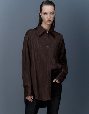 Urban Revivo Textured Button Up Oversized Women's Shirts Coffee | CARZKJO-63