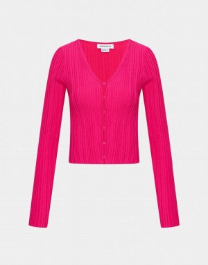 Urban Revivo Textured Rib Knit Women's Cardigan Pink | XSMPYKJ-01