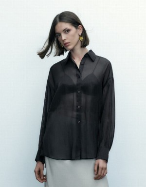 Urban Revivo Thin Button Up Loose Women's Shirts Black | PKDTFWH-13