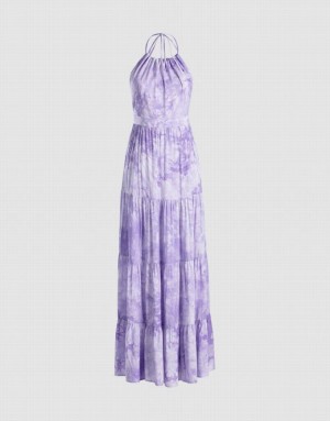 Urban Revivo Tie Dye Tiered Backless Halter Women's Casual Dress Purple | GDKQLRW-78