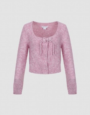 Urban Revivo Tie Front Crew Neck Knitted Women's Cardigan Pink | FPTWURI-20