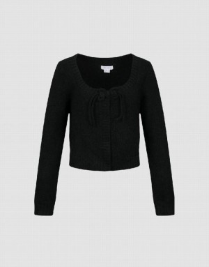 Urban Revivo Tie Front Crew Neck Knitted Women's Cardigan Black | KHIQCDG-45