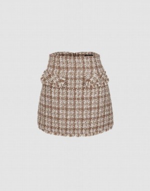 Urban Revivo Tweed Mini A-Line Women's Skirts Khaki | IQTRFKZ-79