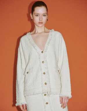 Urban Revivo Tweed Raw Trim V-Neck Knitted Women's Cardigan White | KIWUNYF-90