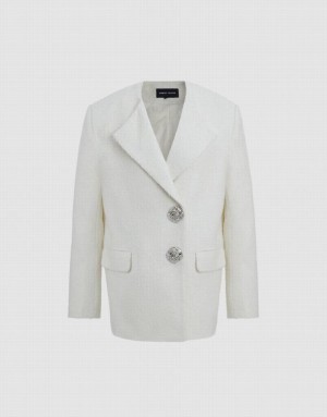 Urban Revivo Tweed With Fake Pockets Women's Coats White | CWGUJOZ-69