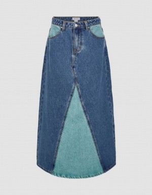 Urban Revivo Two Toned Midi A-Line Women's Denim Skirt Blue | OTRFABX-83