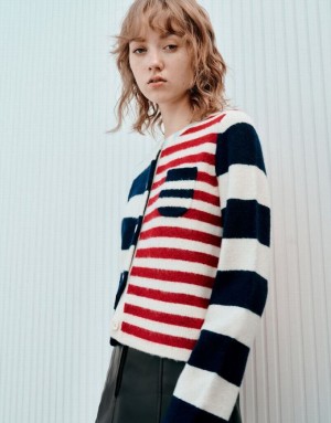 Urban Revivo Two Toned Striped Knitted Women's Cardigan Blue | UGISEBN-08