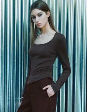 Urban Revivo U Neck Knitted Women's T-Shirts Dark Grey | DITQGLW-31