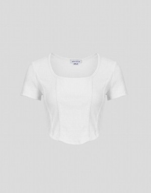 Urban Revivo U Neck Skinny Women's T-Shirts White | ZUFBDGA-23