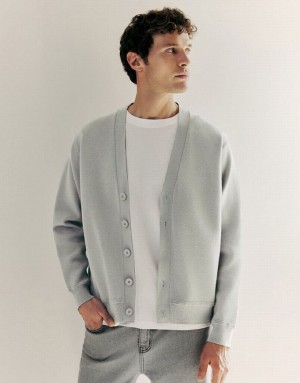 Urban Revivo V-Neck Knitted Men's Cardigan Light Grey | VGFUSNM-14