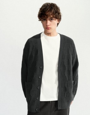 Urban Revivo V-Neck Knitted Men's Cardigan Dark Grey | IWDJUCS-16