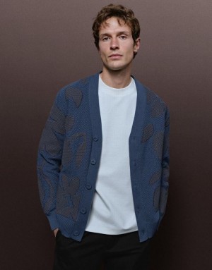 Urban Revivo V-Neck Knitted Men's Cardigan Blue | LHUAVRM-90