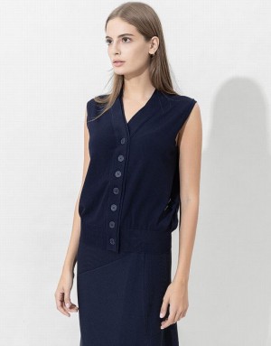 Urban Revivo V-Neck Knitted Waistcoat Women's Cardigan Blue | KTDMOPW-15