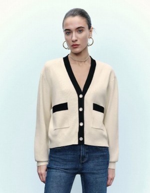 Urban Revivo V-Neck Knitted Women's Cardigan Beige | SCNGXED-78