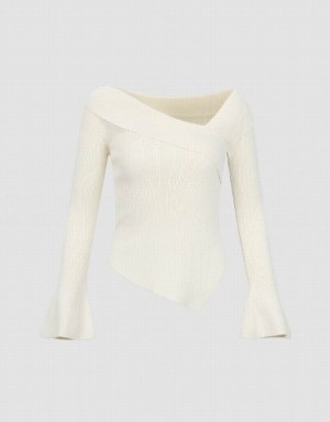 Urban Revivo V-Neck Skinny Knitted Women's Cardigan White | QXIWHSJ-94