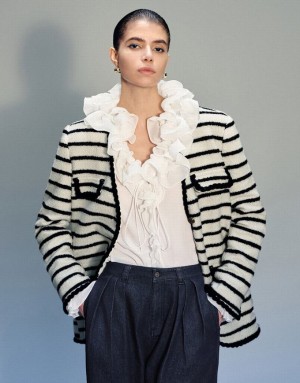 Urban Revivo V-Neck Striped Woolen Women's Jacket White | ONIQMGE-18