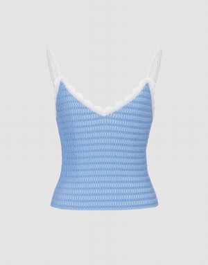 Urban Revivo V Neck Knitted Women's Camisole Blue | HFOWYGN-26