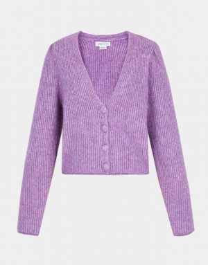 Urban Revivo V Neck Rib Knit Women's Cardigan Purple | FJPXMQL-01