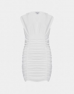 Urban Revivo V Neck Ruched Sleeveless Bodycon Women's Casual Dress White | HAOBQJU-49