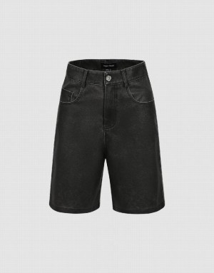 Urban Revivo Vegan Leather Loose Women's Shorts Black | TYXLGMZ-68