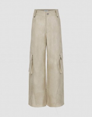 Urban Revivo Vegan Leather Wide-Leg Women's Pants White | PMBKQRA-37