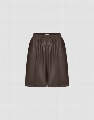 Urban Revivo Vegan Leather Elastic Waist Women's Shorts Brown | XJZQULE-29