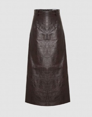 Urban Revivo Vegan Leather Maxi Straight Women's Skirts Brown | AVUMLZW-51