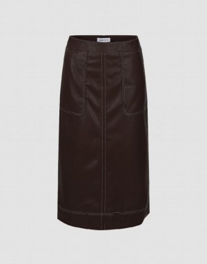 Urban Revivo Vegan Leather Midi Straight Women's Skirts Brown | YLVXPGO-03