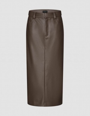 Urban Revivo Vegan Leather Midi Straight Women's Skirts Brown | OBVUMWJ-17