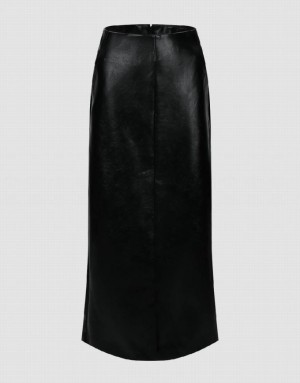 Urban Revivo Vegan Leather Midi Straight Women's Skirts Black | FDWREJQ-39