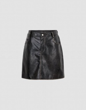 Urban Revivo Vegan Leather Mini A-Line Women's Skirts Black | HYQLGAV-17