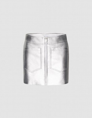 Urban Revivo Vegan Leather Mini A-Line Women's Skirts Silver | ICMHUOT-78