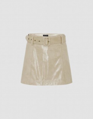 Urban Revivo Vegan Leather Straight With Belt Women's Skirts Khaki | STJDUOK-59