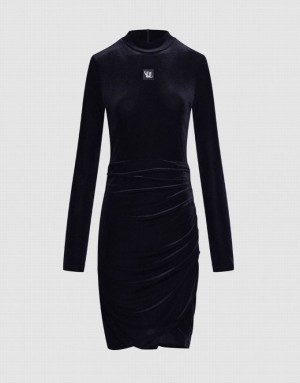 Urban Revivo Velvet Ruched Bodycon Women's Casual Dress Black | LTRDEQF-85