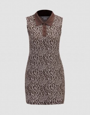 Urban Revivo Wavy Pattern Half Button Sleeveless Women's Knitted Dress Khaki | NCJPUFS-13