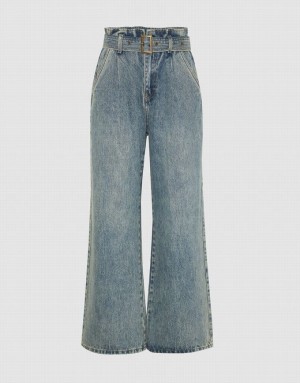 Urban Revivo Wide-Leg With Belt Women's Jeans Blue | YKUDNFM-53