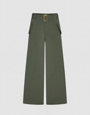 Urban Revivo Wide-Leg With Belt Women's Pants Green | IDSBZKN-68