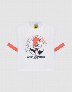 Urban Revivo Woody Woodpecker Crop Women's T-Shirts White | AXBMRIQ-85