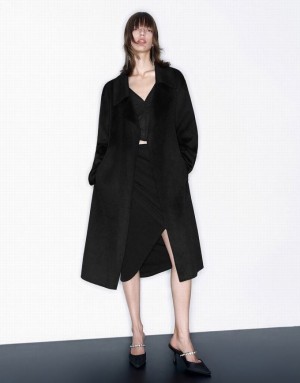 Urban Revivo Woolen Long With Belt Women's Coats Black | YVTDHKI-78