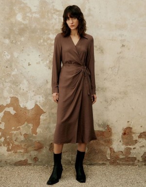 Urban Revivo Wrap A-Line Women's Dress Brown | IUZFOLR-49