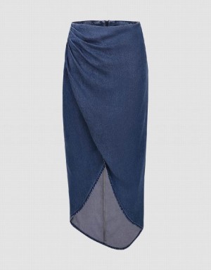 Urban Revivo Wrapped Straight Midi Women's Denim Skirt Blue | AYORWQK-45