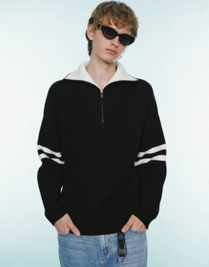 Urban Revivo Zip Half Placked Knitted Men's Cardigan Black | ZBCYWQS-87