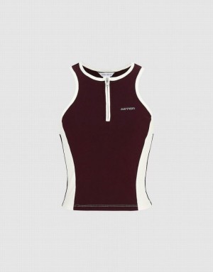 Urban Revivo Zip Half Placket Cropped Women's Tank Top Burgundy | RZMGDOC-72