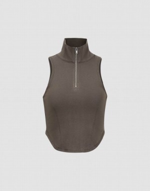 Urban Revivo Zip Half Placket Women's Tank Top Brown | SCDZQPK-23