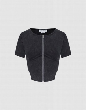 Urban Revivo Zipper Front Crew Neck Women's Shirts Dark Grey | HAQYRDX-56