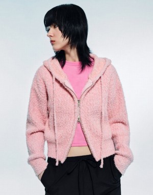 Urban Revivo Zipper Front Hooded Knitted Women's Cardigan Pink | NTZWXJM-34