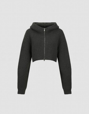 Urban Revivo Zipper Front Hooded Knitted Women's Cardigan Grey | AQCYIFU-45