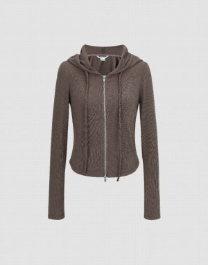 Urban Revivo Zipper Front Hooded Skinny Women's Jacket Coffee | HZUFXMA-40