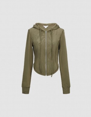 Urban Revivo Zipper Front Hooded Skinny Knitted Women's Jacket Green | CPQYRMO-32