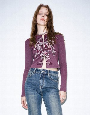 Urban Revivo Zipper Front Printed Crew Neck Women's Shirts Purple | AIXHUPW-54